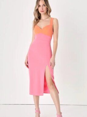 Lulu’s Pink and Light Orange Colorblock Midi Dress